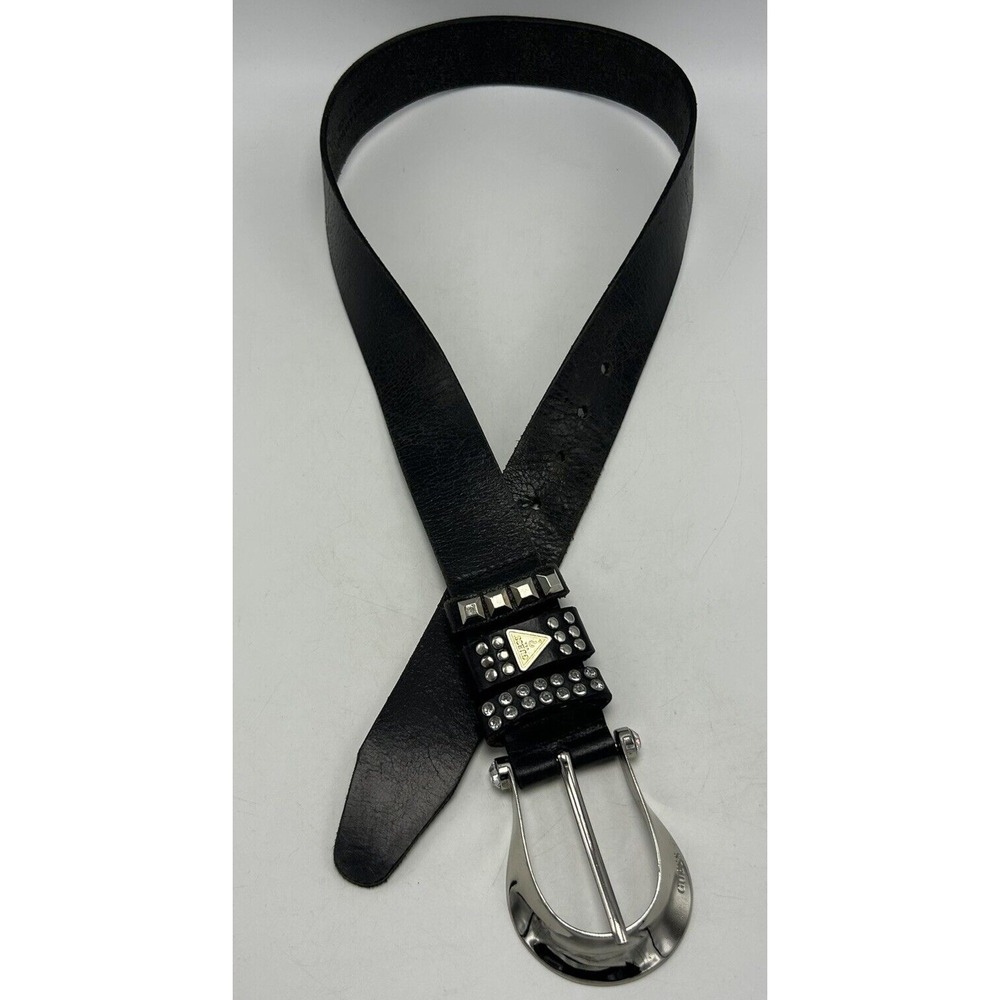 Guess Belt Womens M Black Faux Leather Studded Casual Moto 1.5 Wide Read